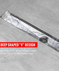 24 Inch Linear Shower Drain With Removable Square Hole Panel In Brushed 304 Stainless Steel highlighting deep V design.