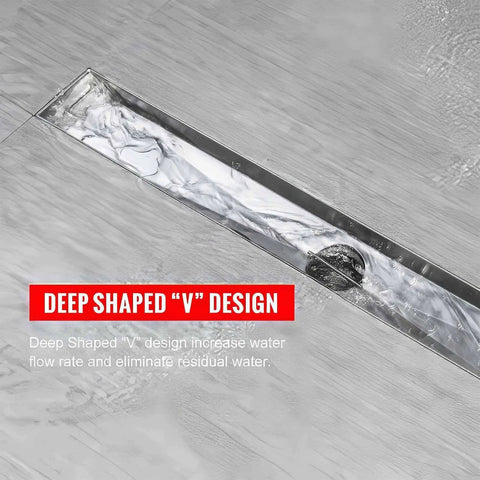 24 Inch Linear Shower Drain With Removable Square Hole Panel In Brushed 304 Stainless Steel highlighting deep V design.