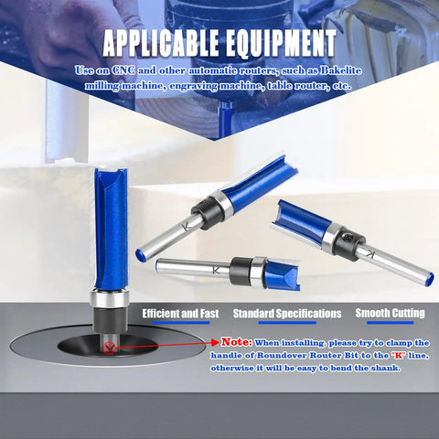 Four Piece Set Of Tough As Nails Tungsten Carbide Flush Trim Router Bits With 1/4 Inch Guided Shank For Slick Woodworking Cuts Perfect For Millwork Shop, displayed with CNC router.