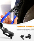 Three Piece Auto Trim Removal Tool Set No Scratch Pry Tools, blue handles gripping car panel, ideal for clip replacement