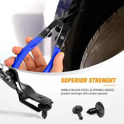 Three Piece Auto Trim Removal Tool Set No Scratch Pry Tools, blue handles gripping car panel, ideal for clip replacement