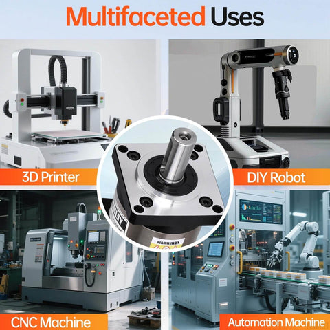 Beefy 50 To 1 Planetary Gearbox For Nema 23 Stepper With Low Backlash, shown with 3D printer, CNC, and automation machine.