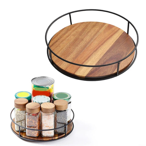 360 Degree Oak Wood Lazy Susan Turntable Organizer With Steel Ball Bearing for kitchen countertop spices and condiments storage
