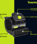 Image of Air Mover 100W Carpet Dryer with labeled features, including speed switch, cord wrap, and air discharge grill for janitorial use.
