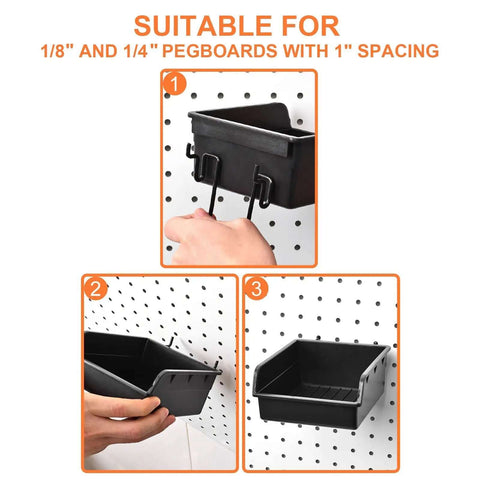Pegboard Hooks And Accessories Kit For 1/8 Inch And 1/4 Inch Pegboards, 38 Piece Set with installed bins on a pegboard