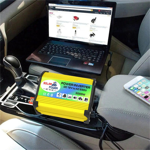 Ready To Rock 3000 Watt Off Grid Home Solar Power System Kit With Heavy Duty Inverter and Fast Charge Controller for RV adventure showing 3000W inverter in car.