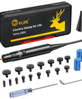 Pro Grade Red Laser Bore Sight Kit with 16 Caliber Adapters for Rifles Pistols and Handguns displayed with accessories