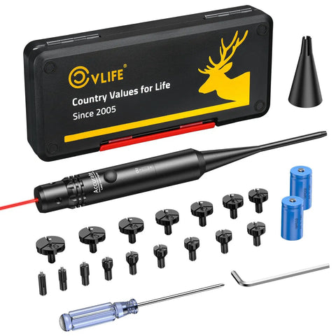 Pro Grade Red Laser Bore Sight Kit with 16 Caliber Adapters for Rifles Pistols and Handguns displayed with accessories