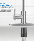 Top Shelf Kitchen Faucet With Slick Pull Down Sprayer, Single Handle Brushed Nickel, installation overview showing pre-installed hoses.