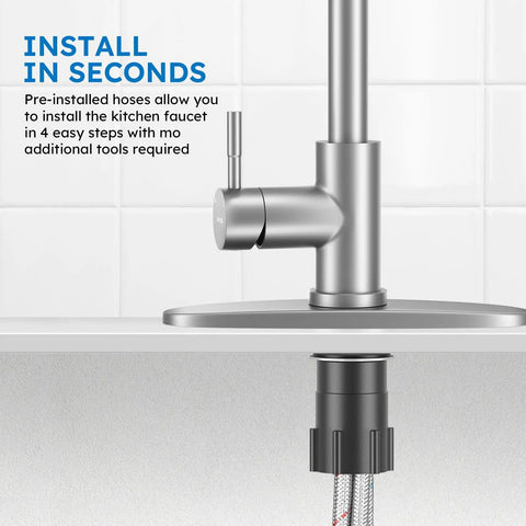 Top Shelf Kitchen Faucet With Slick Pull Down Sprayer, Single Handle Brushed Nickel, installation overview showing pre-installed hoses.