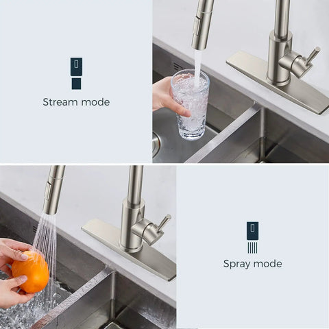 Badass Brushed Nickel Kitchen Faucet With Pull Down Sprayer And Dual Spray Patterns showcasing stream and spray modes for versatile use.