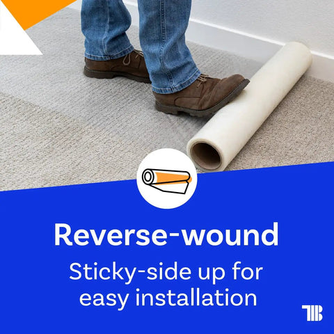 Person unwinding Carpet Protection Film 24 Inch By 200 Foot Roll With Self Adhesive Easy Unwind Clean Removal on carpet