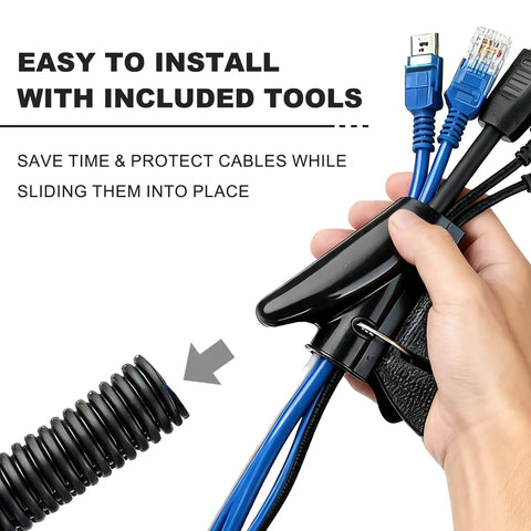 Complete Hella Flexible Split Wire Loom Tubing Kit With Two Heavy Duty Clamps for easy car cable management, showcasing cable installation.