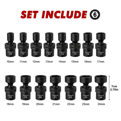 Fifteen Piece One Half Inch Drive Universal Impact Socket Set 6 Point Metric Ten To Twenty Four Millimeter Range displayed