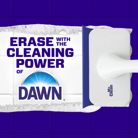 Magic Eraser Shower and Tub Scrubber in action on bathroom tile with text 'Erase with the cleaning power of Dawn'.