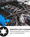 Heavy Duty Push On Lock Washers Set Internal Tooth Serrated Stainless Steel Quick Locking Washers Assortment Kit For Industrial Fastening Replacement And Maintenance Projects, displayed with engine components background.