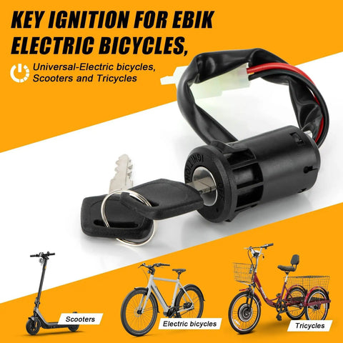 Key Ignition Switch For Electric Bikes And Scooters With 2 Wire Lock, zinc alloy body, keys visible, slick start/stop control.