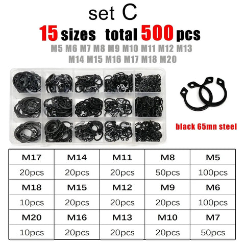 All In One External Circlips Retaining Rings Kit M5 To M20 Stainless Steel Heavy Duty 65Mn C Type Bearing Gear Lock Rings Set C 500pcs