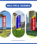 Three 15-Foot Swooper Flag Pole Kits with ground spikes for outdoor advertising, showing use for thrift, available, and leasing signs.