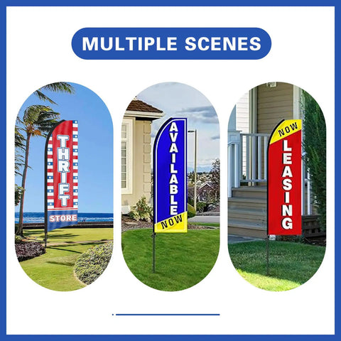 Three 15-Foot Swooper Flag Pole Kits with ground spikes for outdoor advertising, showing use for thrift, available, and leasing signs.