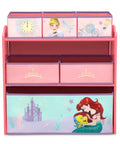 Disney Princess Six Bin Toy Storage Organizer For Kids with colorful princess graphics and sturdy pink frame
