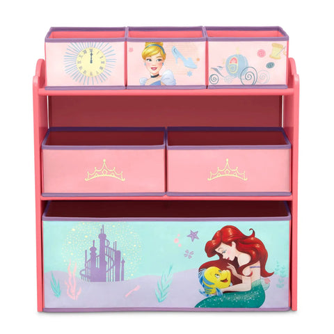 Disney Princess Six Bin Toy Storage Organizer For Kids with colorful princess graphics and sturdy pink frame