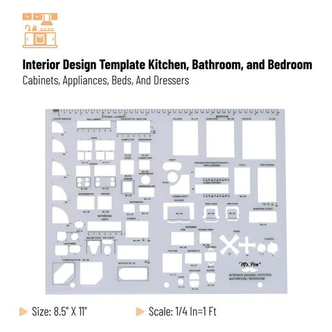 Slick 3 Piece Interior Design And House Plan Template Set Featuring Professional Furniture Layout Kitchen Bedroom Bathroom Grids And Scale Ruler For No Fuss Diy Room Mapping on 8.5" x 11" clear drafting sheet.