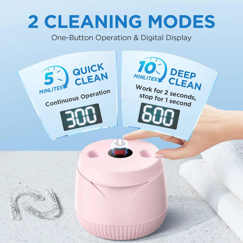 At Home 45kHz Ultrasonic Retainer Cleaner With Digital Timer And 200ml Tank No Fuss Deep Clean For Dentures Aligners Mouth Guards Night Guards Braces Toothbrush Heads And Jewelry Pink, pink unit with 2 cleaning modes and digital display