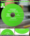 Four Inch Diamond Glass Cutting Disc Tool Set With Ultra Thin Discs For Glass Tiles Bottles Jade Crystal And More Must Have Tile Cutter Compatible And Delivers Smooth Precise Cuts Every Time 3 Pack, showing green disc with measurements and warnings.