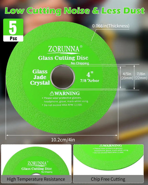 Five Pack Of Four Inch Ultra Thin Diamond Glass Cutting Discs For Angle Grinders, Green glass cutting disc with 4 inch size, high manganese steel.