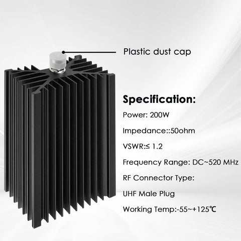 Beefy 200W PL259 UHF Ham Radio Dummy Load with plastic dust cap, 50 Ohm RF Load, nickel-plated shell, silver core, air cooled.