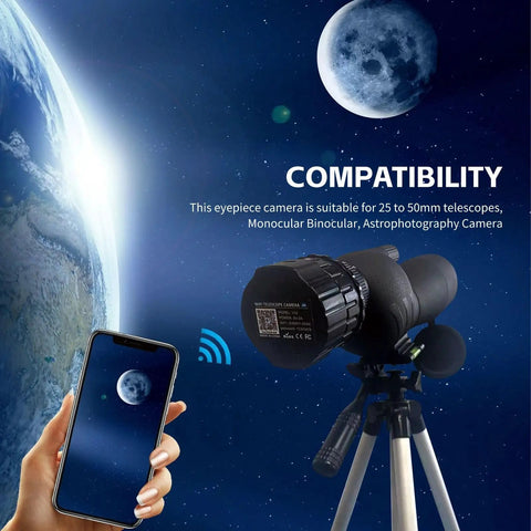 Telescope Eyepiece Camera, 4MP Digital Camera, 2K Video Recording Via App shown with telescope and smartphone capturing moon.