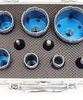 Top view of Vacuum Brazed Diamond Hole Saw and Drill Bit Set for Porcelain Tile Ceramic Marble and Granite Drilling With 1/4, 5/16, 3/8, 4/5, 1, 1-3/8, 1-1/2, 2, 2-1/2 Inch Bits and 5/8-11 Thread for Wet or Dry Cutting displayed in a case