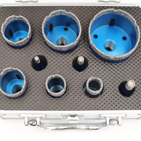 Top view of Vacuum Brazed Diamond Hole Saw and Drill Bit Set for Porcelain Tile Ceramic Marble and Granite Drilling With 1/4, 5/16, 3/8, 4/5, 1, 1-3/8, 1-1/2, 2, 2-1/2 Inch Bits and 5/8-11 Thread for Wet or Dry Cutting displayed in a case
