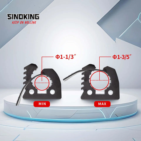 Heavy Duty Rubber Shovel Mount Clamp showing 1-1/3 to 1-3/5 inch fitting size comparison