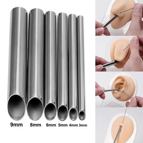 Pro Grade Surgical Steel Piercing Receiver Tube Kit 70mm Long 6Pcs Mix Sizes For Receiving Piercing Needles Body Jewelry Microblading Tools Autoclavable Safe, 3mm-9mm stainless tubes
