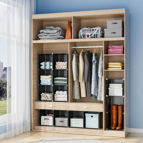 12-Cube Black Storage Organizer Shelf System For Bedroom, Office, And Living Room in a wooden closet filled with clothes and boxes