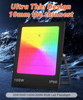Led Floodlight RGB Ac220V 100W in ultra thin design with colorful lighting, suitable for outdoor use and IP66 waterproof.