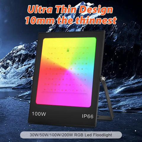 Led Floodlight RGB Ac220V 100W in ultra thin design with colorful lighting, suitable for outdoor use and IP66 waterproof.