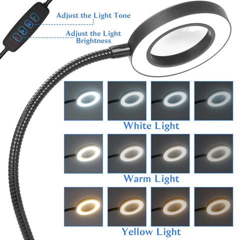 Helping Hands Soldering Station With 3X Magnifying Glass And Light showing adjustable LED light tones and brightness settings.