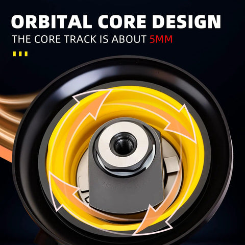 Close-up of orbital core design in low noise 6 inch DA sander for auto body, highlighting the 5mm core track.