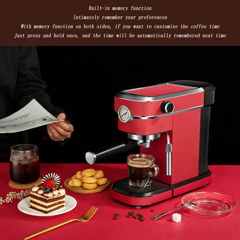 Heavy Hitter 1.1L Semi Automatic Espresso Coffee Maker With 850W Motor And 15 Bar Pressure in bold red on a red table.