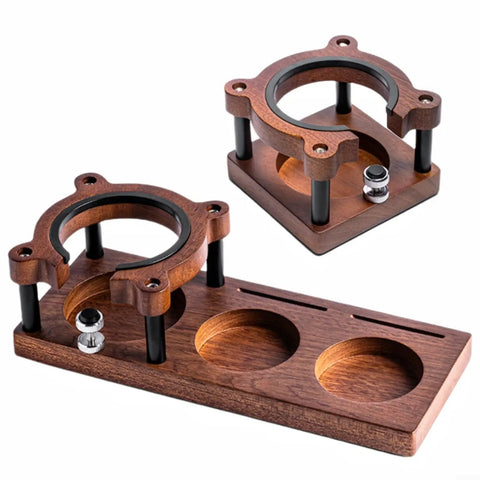 Adjustable Espresso Tamping Station Built From Premium Sapele Wood Handles 51-58mm Portafilters with unique design on kitchen countertop.