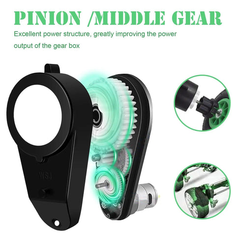 24V Ride On Car Gearbox Upgrade For Kids High Speed Drive Motor Replacement Easy Install RS555 Style Upgrade Boost Power And Speed For Epic Backyard Runs Durable Electric Toy Car Parts showing internal gears and components.