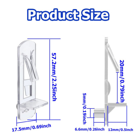 Product size diagram for Twenty Piece Plastic Self Locking Shelf Pins Five Millimeter For Three Quarter Inch Thick Shelves Clear Cabinet Clips.