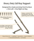 Heavy Duty Antique Brass Plated Lid Stay Set for Drop Front Desks, Trunks, and Chests shown with Mounting Screws