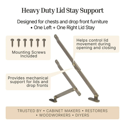 Heavy Duty Antique Brass Plated Lid Stay Set for Drop Front Desks, Trunks, and Chests shown with Mounting Screws