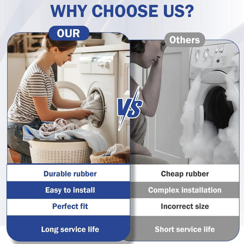 Washer drive motor belt replacement product image; left shows a person loading a front-load washer, right shows an Our vs Others comparison.
