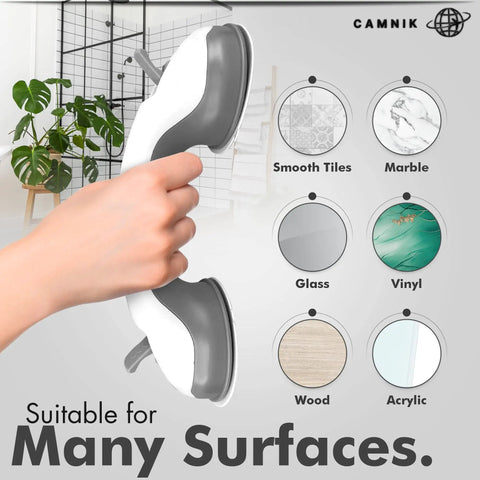 Hand holding Two Pack Suction Shower Grab Bars for Bathtubs and Showers, no slip safety handle shown on multiple surface types.