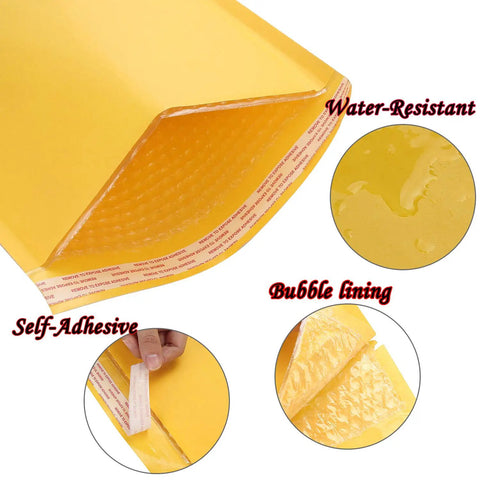 Bubble Mailers 10x13 Inch Padded Envelopes Pack Of 25 showing water-resistant kraft paper and bubble lining.